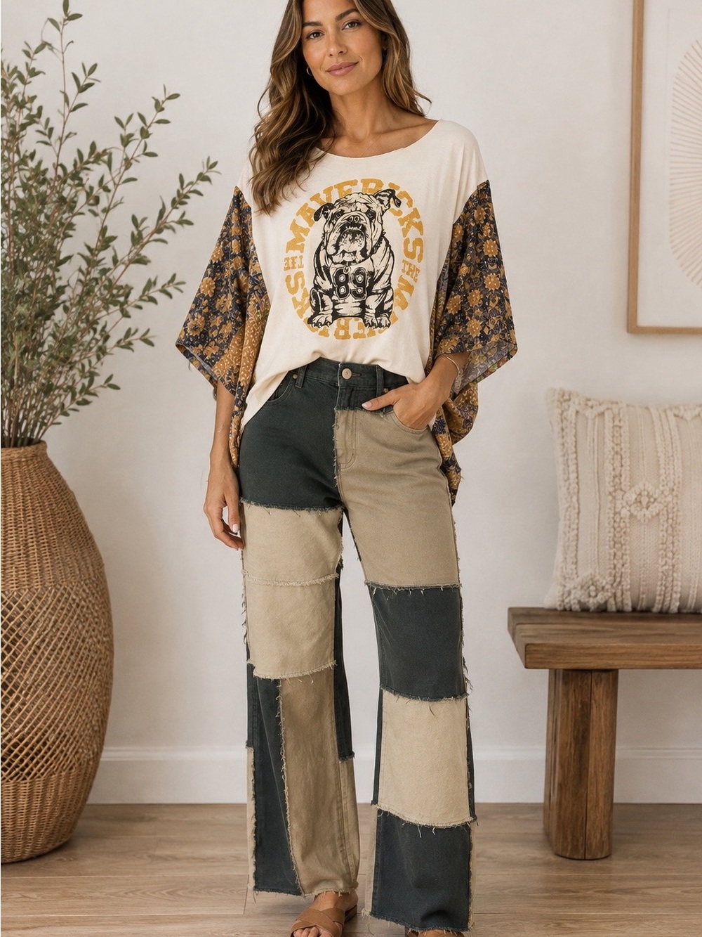 “Jeans” brand Patchwork Two-Tone Distressed Jeans - Green & Khaki
